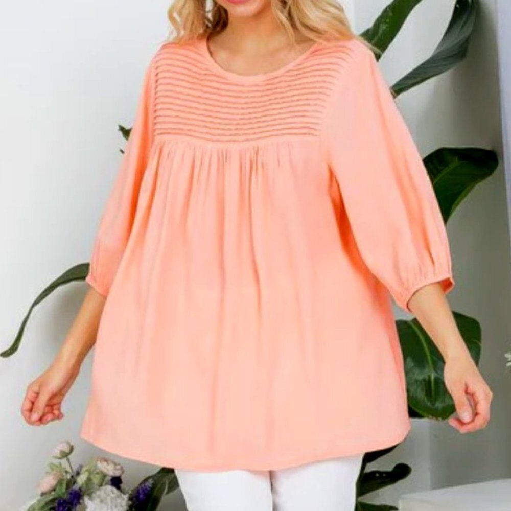 E. Luna Women's Plus Size Solid Pintuck Woven Peasant Tunic Top - 3X